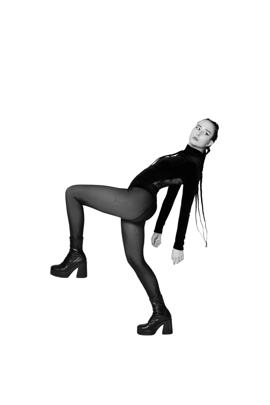 Lena mid-pose in black and white — from her portfolio shoot